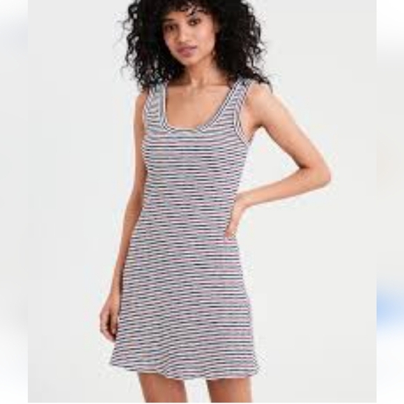 💚5/$25 AEO Ribbed Stripe SleevelessTank Dress Size XS Navy White Red Stretch - Picture 2 of 8